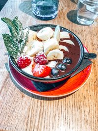 High angle view of breakfast served on table