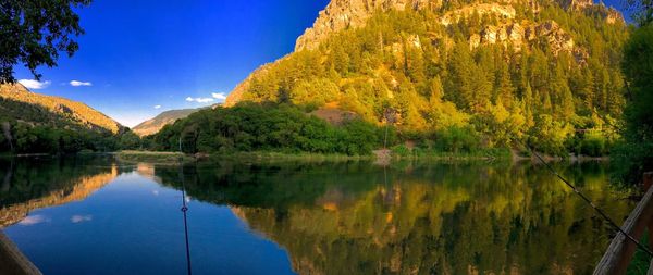 Scenic view of lake by trees against sky