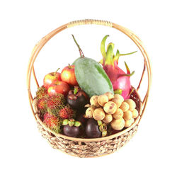 High angle view of grapes in basket