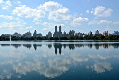 Reflection of buildings in water in central park