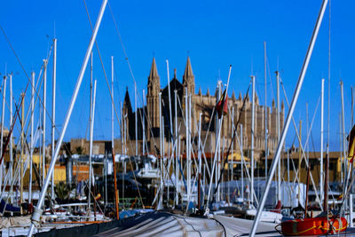 Boats moored at harbor against clear blue sky