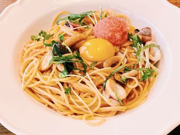 High angle view of food served in plate