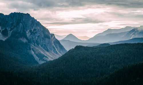 Scenic view of mountains against sky during sunset