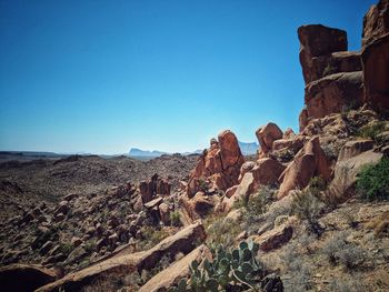 Scenic view of rocky mountains against clear blue sky