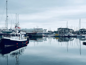 Boats moored at harbor