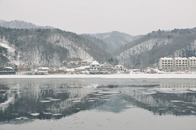 Scenic view of lake by snowcapped mountains