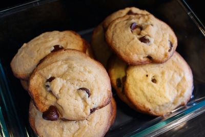 Close-up of chocolate chip cookies in container