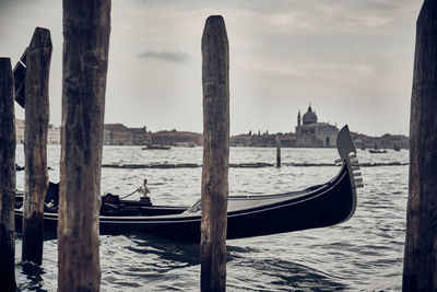 Panoramic view of boats moored in sea