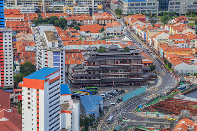 High angle view of street amidst buildings in city