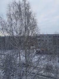 Bare tree and buildings against sky during winter