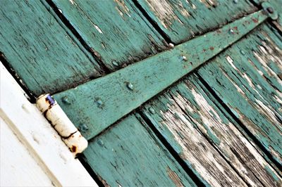 High angle view of old wooden bench