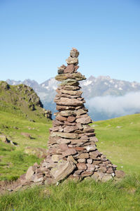 Cairn to indicate the right path in tena valley, huesca province in aragon, pyrenees in spain.