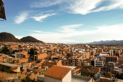 High angle view of houses against sky