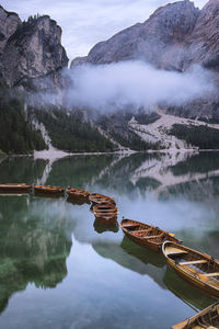 Scenic view of lake by mountains against sky