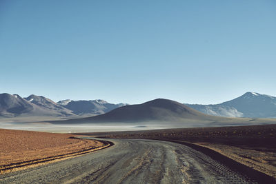 Scenic view of snowcapped mountains against clear blue sky