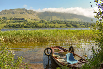 Scenic view of lake by mountains against sky