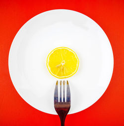 Directly above shot of lemon slice in plate