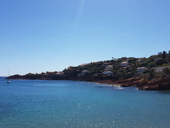 Scenic view of sea against clear blue sky