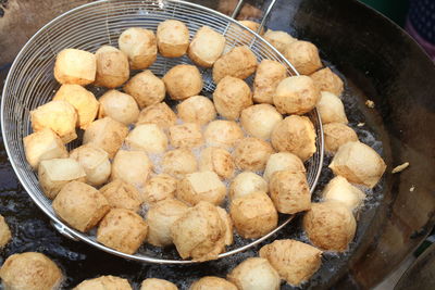 High angle view of food frying in wok