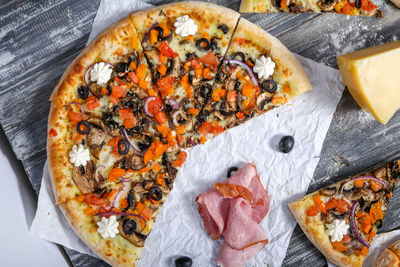 High angle view of pizza