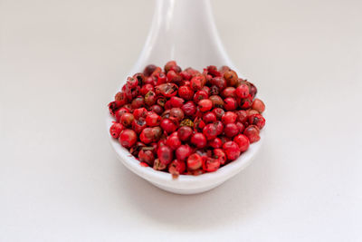 Close-up of cherries in bowl against white background