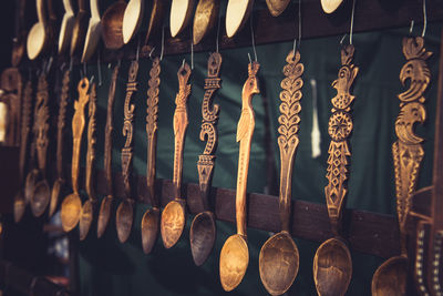 Close-up of wooden spoon for sale