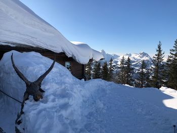 Snow covered landscape against clear sky