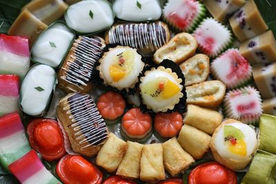 High angle view of fruits in plate on table