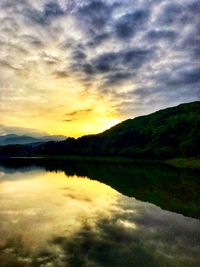 Scenic view of lake against dramatic sky