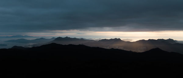 Scenic view of silhouette mountains against sky at sunset