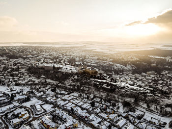 High angle view of townscape against sky during winter