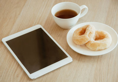 High angle view of coffee on table