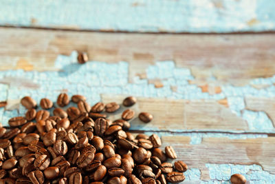 High angle view of coffee beans on table