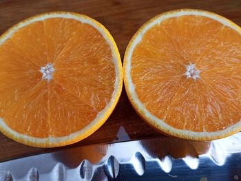 High angle view of orange slices on table