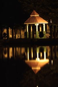 Reflection of building in lake at night