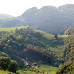 High angle view of field against mountains