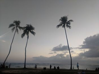 Silhouette palm trees on beach against sky during sunset