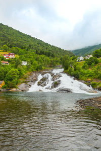 Scenic view of river amidst trees against sky