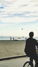 Rear view of man on beach against sky