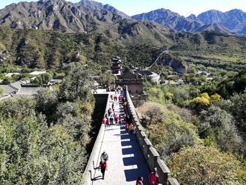 High angle view of people on mountain road