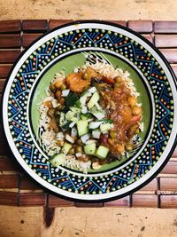 High angle view of meal served on table