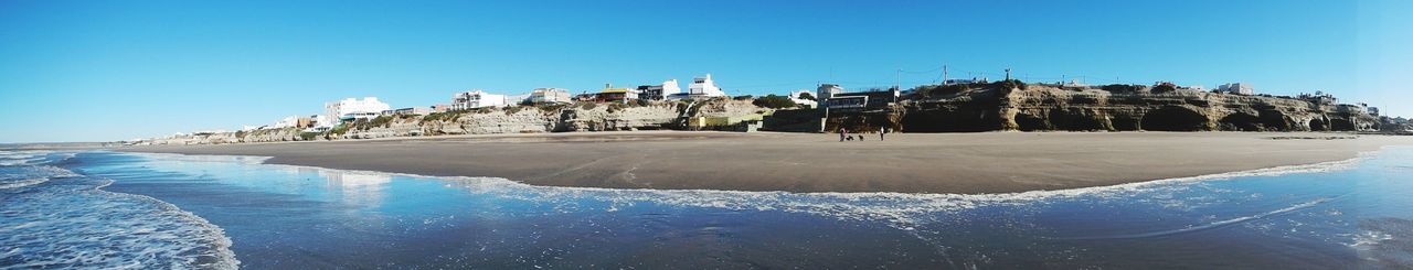 Panoramic view of sea against clear blue sky