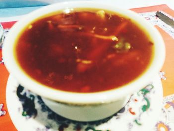 Close-up of soup in bowl on table