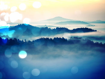 Dreamy landscape lost in thick fog. fantastic morning glowing by sunlight, foggy valley.
