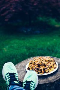 Low section of person by cakes on tree stump in lawn