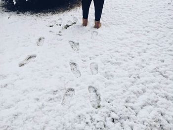 Low section of person standing in snow