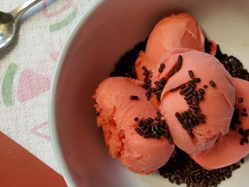 High angle view of dessert in plate on table