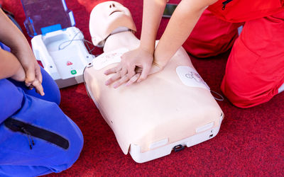 First aid and cpr training using automated external defibrillator device - aed