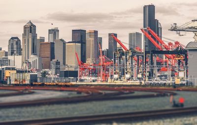 Seattle cityscape against cloudy sky