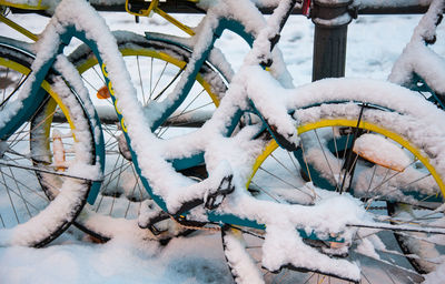 Snow covered bicycle on field